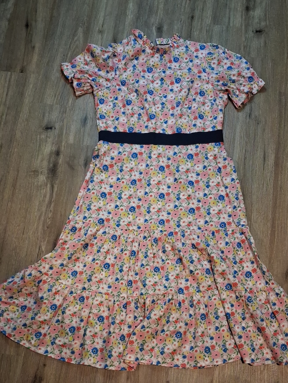 12 Boden Pink Floral Dress with Navy Waistband and Ruffle Hem
